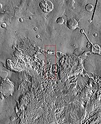 THEMIS image of wide view of following HiRISE images. Black box shows approximate location of HiRISE images. This image is just a part of the vast area known as Aureum Chaos. Click on image to see more details.
