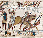 Harold Rex Interfectus Est : la mort du roi Harold sur le champ de bataille, représentée sur la Tapisserie de Bayeux.