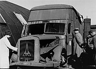 A destroyed Magirus-Deutz gas van found in 1945 in Koło, Poland, not far from the Chełmno extermination camp