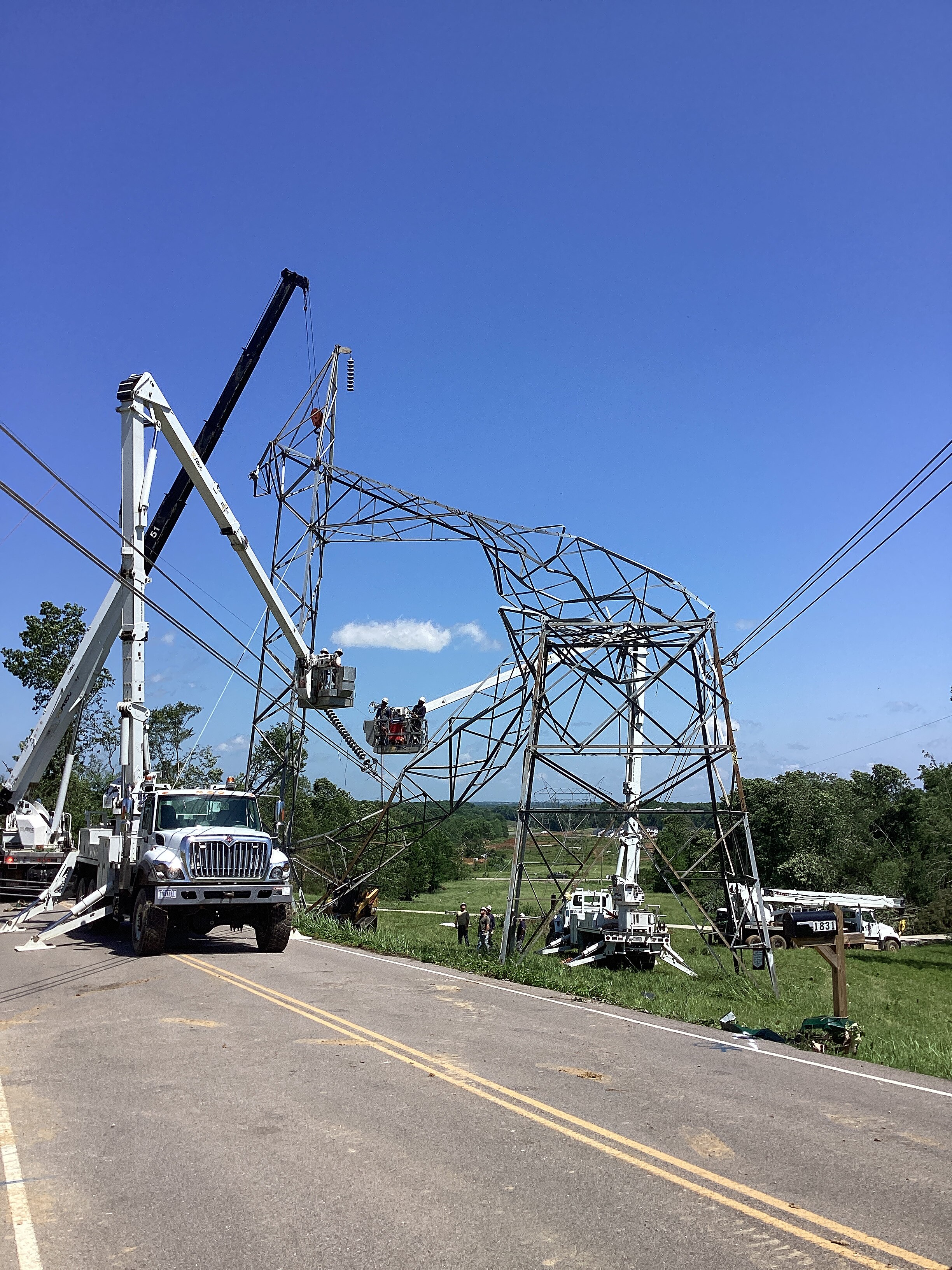 Metal truss towers that were collapsed by the EF3 Columbia tornado.