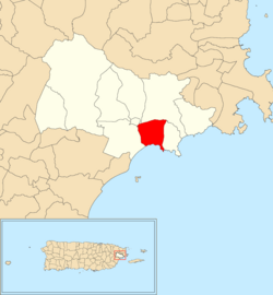 Location of Húcares within the municipality of Naguabo shown in red