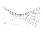 A saddle roof is a hyperbolic paraboloid, that mathematically, as a doubly ruled surface, can be constructed from two rows of straight beams.