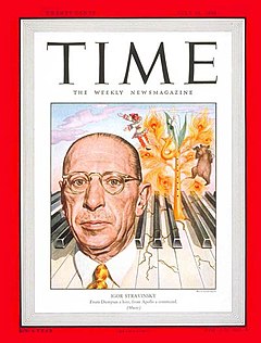 TIME magazine cover depicting Stravinsky's head in front of the keys of a piano, with famous characters from his ballets next to him