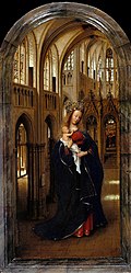 Jan van Eyck, Madonna in the Church (c. 1438–40). Oil on oak panel, 31 × 14 cm (12.25 × 5.5 in). Gemäldegalerie, Berlin