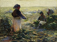 Oil painting of peasants working in a beet field