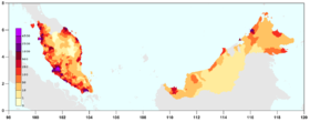 A map of Malaysia depicting the expected 2010 estimated population density.