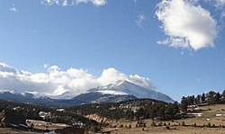 Looking west toward Allenspark, Wild Basin and Mount Meeker in the background, Turkey Rock front left. DeWeese photo, 2014.