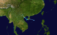 A track map showing the path of a tropical storm over the South China Sea, which is one of the westernmost parts of the Pacific Ocean. The system initially moves in a generally westward direction, traversing the Chinese island of Hainan in the process; after clearing Hainan, it makes a sharp turn to the north-northwest, a motion which takes it over Vietnam.