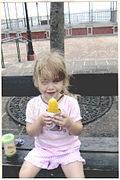 Young Puerto Rican girl eating a "piragua" in Puerto Rico