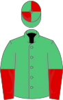 Emerald green, red halved sleeves, quartered cap