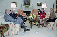The Fords meeting with President Ronald Reagan and First Lady Nancy Reagan in the White House Oval Office in March 1981