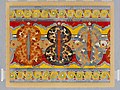 Colourful wall painting showing three figure-eight shields, with a spiral border at top and bottom