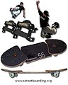 Moderno streetboard con cinte a strappo per i piedi ed uno strettboarder in azione.