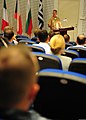 At NMIOTC, U.S. Navy Capt. Bradley D. Martin addresses a multinational audience during a pre-sail conference for exercise Phoenix Express 2012, a two-week exercise designed to strengthen maritime cooperation among partners from Africa, Europe and United States.