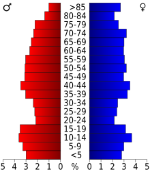 Schéma représentant la population du comté, par tranche d'âge. En rouge, à gauche, les femmes, en bleu à droite, les hommes.