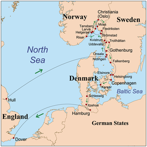 Carte montrant le trajet suivi par Mary Wollstonecraft à travers le Danemark, la Suède, la Norvège et les États allemands.