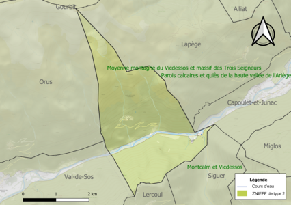 Carte des ZNIEFF de type 2 sur la commune.