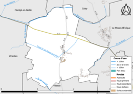 Carte en couleur présentant le réseau hydrographique de la commune