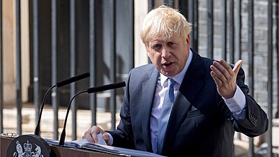 Johnson in front of his lectern at 10 Downing Street