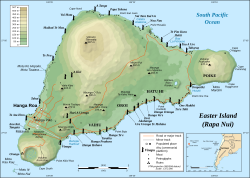 Easter Island, map showing Hanga Roa, Terevaka, Rano Kau, and Mataveri International Airport, as well as the main tourist attractions Orongo, Rano Raraku, Ahu Tongariki and Anakena.