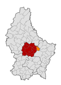 Map of Luxembourg with Heffingen highlighted in orange, and the canton in dark red