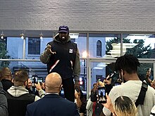 Kanye West speaking at the Georgetown Apple Store in 2018