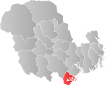 Mapa do condado de Vestfold og Telemark com Kragerø em destaque.