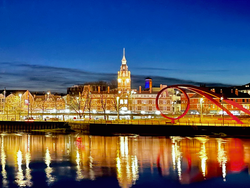 Image of the market viewed from across the River Usk