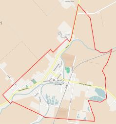 Mapa konturowa Nowego Stawu, blisko centrum na dole znajduje się punkt z opisem „Parafia św. Mateusza Apostoła”