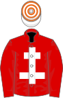 Red, white cross of lorraine, white and orange hooped cap