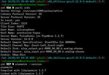 Screenshot showing information of audio server as reported by PulseAudio Control (pactl) software, PipeWire is using PulseAudio as its audio server and the library version information for PipeWire 1.2.7