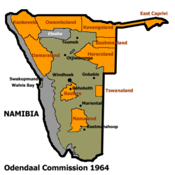 Allocation of land to bantustans according to the Odendaal Plan. Grey is Etosha National Park