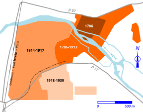 Carte en couleurs figurant les agrandissements successifs d'une usine.