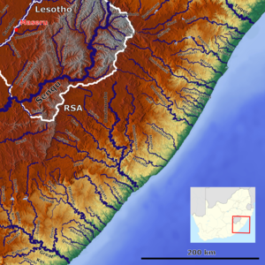 Os rios no sudeste da África do Sul com o Xuka (esquerda, centro inferior)