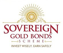 Logo of the Sovereign Gold Bond scheme, extracted from an advertisement published by the Government of India. It contains the words "Sovereign Gold Bonds scheme" in red color, along with a caption "Invest wisely, earn safely" in golden color.