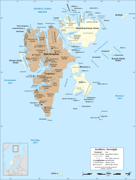 Localisation du Spitzberg (en brun) au sein du Svalbard.