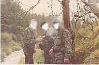 Ulster Defence Regiment soldiers in South Armagh wearing 1968 Pattern DPM combat jackets and trousers, with green shirts and berets. This was the basic temperate combat uniform during the 1970s and early 1980s, worn with green sweaters, ankle boots and puttees, and 1958 Pattern webbing.