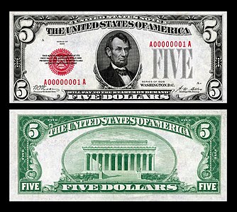 United States five-dollar bill from the series of 1928, by the Bureau of Engraving and Printing