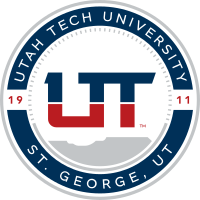 The presidential seal of Utah Tech University, with a representation of the red rocks behind it