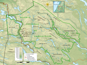 Carte de la réserve naturelle de Vindelfjällen avec le massif à l'ouest.