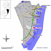 Location of Waretown in Ocean County highlighted in red (right). Inset map: Location of Ocean County in New Jersey highlighted in black (left).