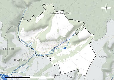 Carte en couleur présentant le réseau hydrographique de la commune