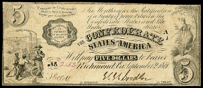 Five Confederate States dollar (T35), by Hoyer & Ludwig