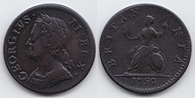 a small copper coin with a woman's head on one side and Britannia on the other