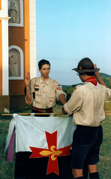 German Scouts of the Federation Scout Europe (FSE; today: Union internationale des Guides et Scouts d'Europe) at a Scout Promise ceremony at the St. George's mountain near the Lake Balaton in Hungary