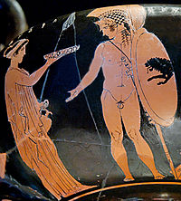 An ancient Greek painting on pottery of a woman with her hand outstretched to offer water to a nude man with armor and weapons
