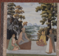 Ladies visiting a sage. Mughal, late 1600s. St. Petersburg Album. Per S.C. Welch, the landscape was added in Isfahan in Muhammad Zaman's style[25]