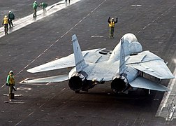A Grumman F-14 Tomcat with its wings in the "oversweep" position