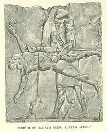 Illustration of a rock relief depicting Yahu-Bihdi's death