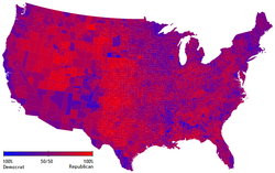 Presidential popular votes by county as a scale from red/Republican to blue/Democratic.